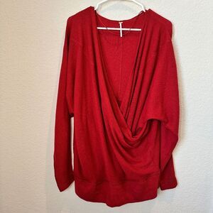 Free People Red Thermal Crossover Front Oversized Deep V-Neck Top - Size M - EUC